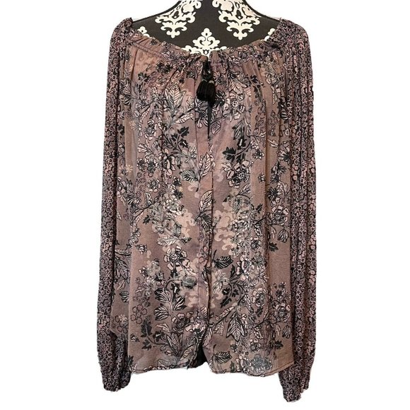 Free People Hendrix Floral Boho Sheer Peasant Blouse medium off shoulder Hippie - Picture 3 of 8